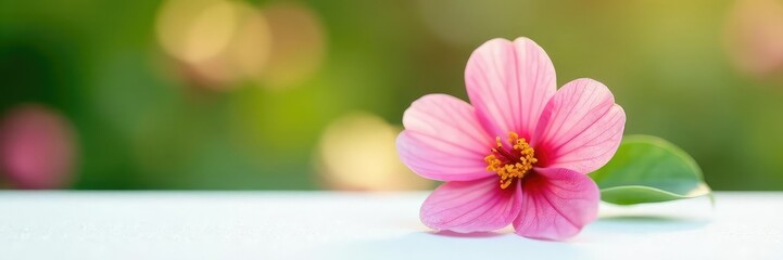 Fototapeta premium White surface with an isolated flower in focus, garden, white background