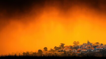 Naklejka premium Dramatic Orange Sunset Over Suburban Houses Hilltop Village Scenic Landscape