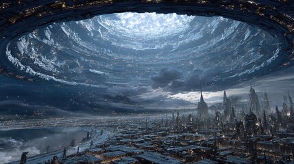 Futuristic city with tall buildings under a swirling sky and circular opening.