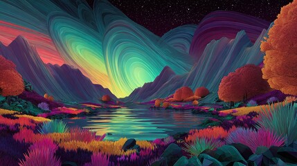 Fototapeta premium Colorful landscape with mountains water and trees under a swirling sky.