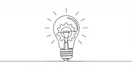 Ingenious Idea: One-Line Lightbulb with Gears Symbolizing Innovation and Creativity