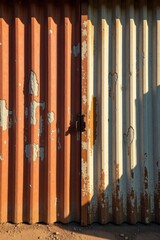 Obraz premium Rustic corrugated metal door with peeling paint and contrasting colors casts shadows on the ground