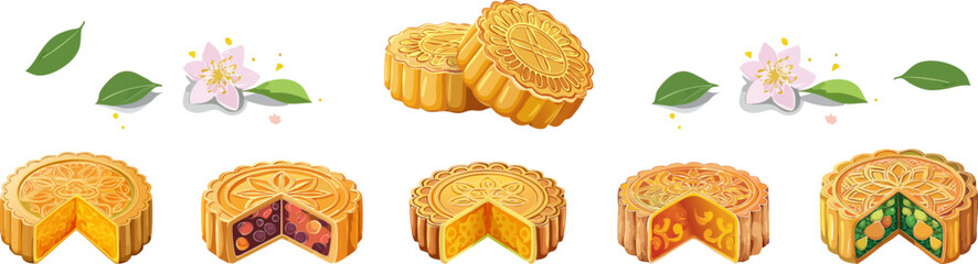 Mooncakes, Traditional Chinese Pastry Illustrations with Diverse Fillings for Mid-Autumn Festival Designs
