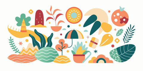 Playful geometric illustration featuring plants fruits and landscape elements against white background