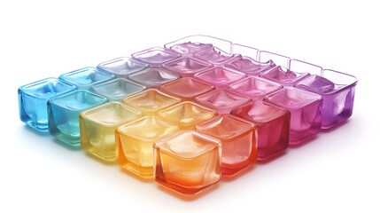 Colorful ice cubes with tray, and white.