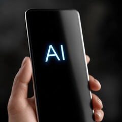 Handheld smartphone displaying glowing AI text illustrating technological advancements in innovation and digital transformation in contemporary society captured with clarity