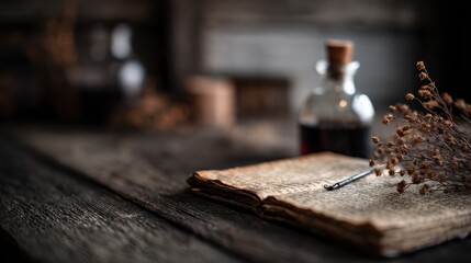 Antique Book Open on Wooden Table with Quill Pen Dried Flowers and Dark Glass Bottle