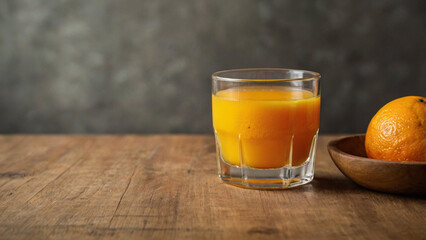 Glass of freshly squeezed orange juice on the table with citrus fruits