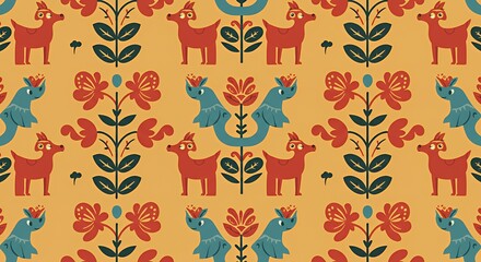 Vibrant Folk Art Dog and Floral Pattern: A Seamless Textile Design