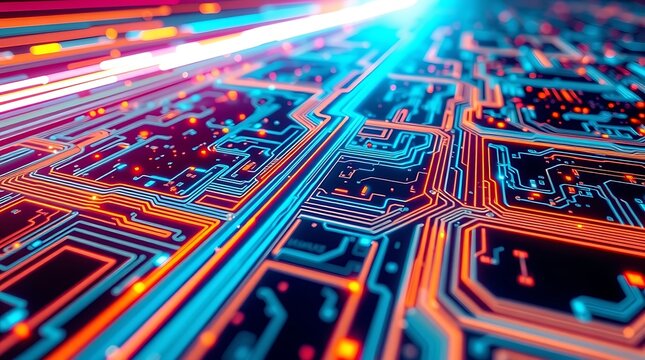 Long exposure photography, ultra-HD 3D render of a high-tech abstract background with intricate circuit board patterns in a holographic neon style. Electric vivid colors, motion blur, light trails