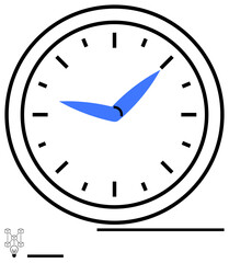 Analog clock face with bold black hour markers and elegant blue hands. Ideal for themes of time management, schedule, precision, productivity, punctuality, efficiency, simple landing page