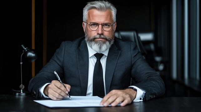 Mature businessman with gray beard in suit signing document at desk, serious expression, office background