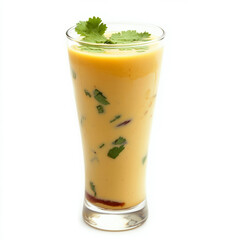 A glass of sol kadhi, with a refreshing drink made from coconut milk, kokum, and spices, garnished