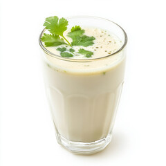 A glass of neer moru, with a refreshing drink made from buttermilk, ginger, and curry leaves,