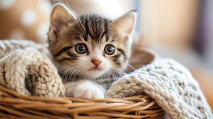 A charming little kitten nestled in a cozy wicker basket.