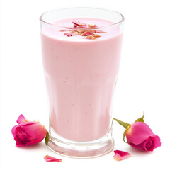 A glass of rose lassi, with a creamy yogurt base and a delicate rose flavor, isolated on clean white