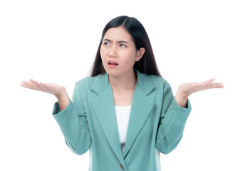 Confused Asian woman raising both hands with puzzled expression, questioning or frustrated gesture, isolated on a transparent background, young female model in green blazer, problem solving concept