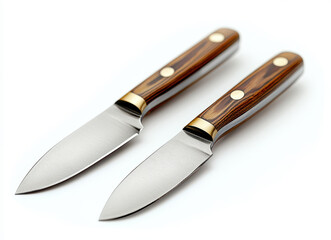 Fototapeta premium High-Quality Hyper-Realistic Image of Two Wooden Handled Small Utility Knives Isolated on White Background