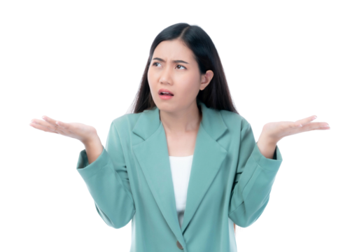 Confused Asian woman raising both hands with puzzled expression, questioning or frustrated gesture, isolated on a transparent background, young female model in green blazer, problem solving concept