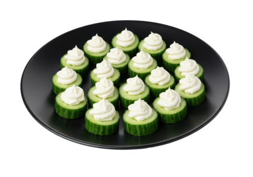 Cucumber bites swirled cream on green rounds elegantly plated