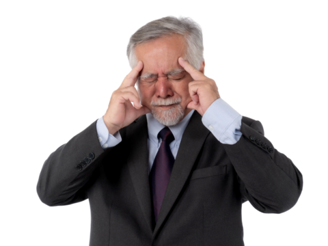 Stressed senior businessman in suit touching temples and closing eyes with painful expression, suffering from headache or mental pressure, isolated on a transparent background