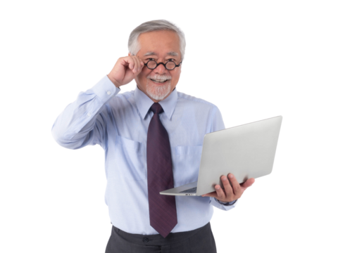 Senior Asian businessman with glasses smiling while holding laptop, adjusting spectacles, wearing formal shirt and tie, isolated on transparent background, concept successful professional elderly man - Powered by Adobe