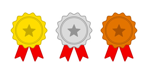Vector isolated Gold, Silver and Bronze Award Badge with red ribbon set
