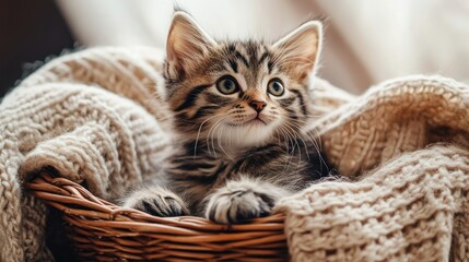 Adorable tabby kitten nestled in a cozy knitted blanket.