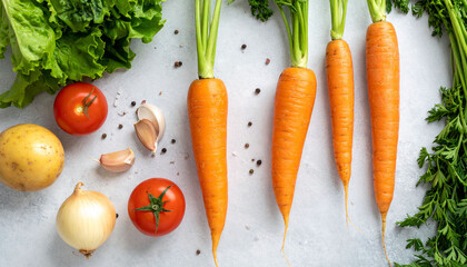 an assortment of fresh vegetables is arranged on a light gray surface. several orange root vegetables with green tops run vertically on the right side of the frame