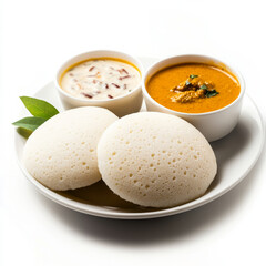 A close-up of a idli, with steamed rice cakes made from rice and lentil batter, served with sambar