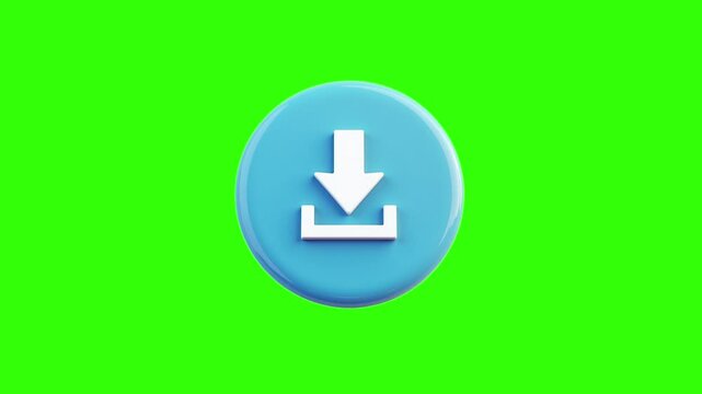 Blue 3D Download Arrow Icon with Green Screen Background