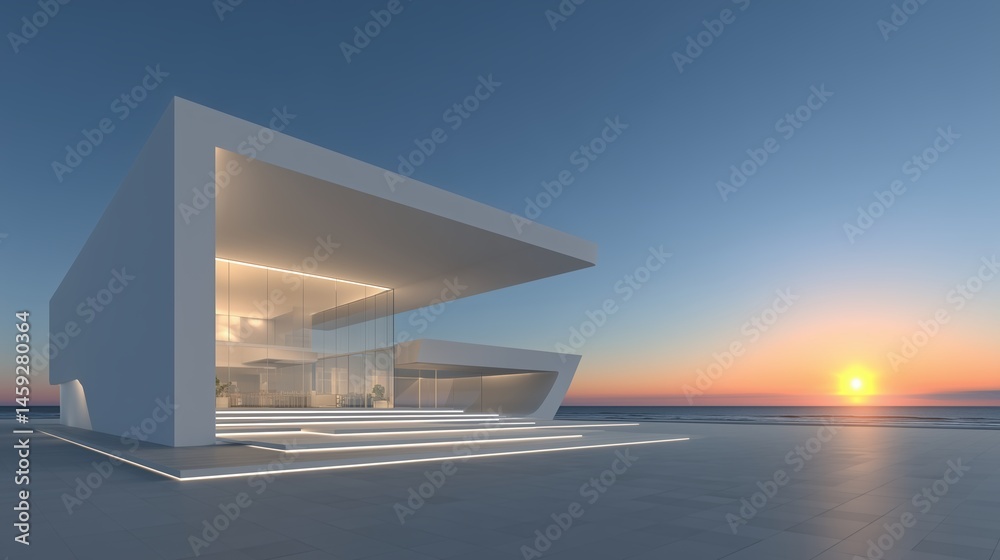 Poster 3D rendered modern architecture building with expansive seaside windows, minimalist design concept for banners or presentations. Sleek geometric structure with glass facade reflecting ocean views, cle