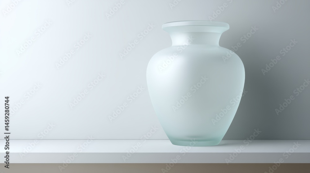 Poster a frosted glass vase rests on a white table, reflecting gentle light in a minimalist space, offering