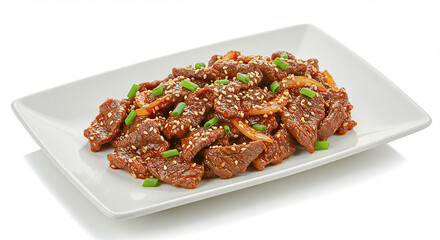 Plato de bulgogi sobre fondo blanco