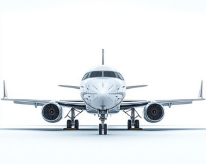 Fototapeta premium Front View of Modern Passenger Airplane on Isolated White Background Showing Detailed Aerodynamics and Engineering Design