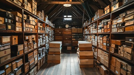 Fototapeta premium Attic storage filled with boxes, orderly, on wooden shelves, under sloped roof