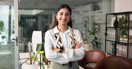 Happy, business woman and portrait with confidence for administration or secretary service at...