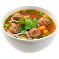 A close-up of a hearty bowl of albondigas soup, Mexican meatball soup, with tender meatballs,