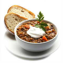 An artistic arrangement of a vegetarian lentil stew, served with a side of crusty bread and a dollop