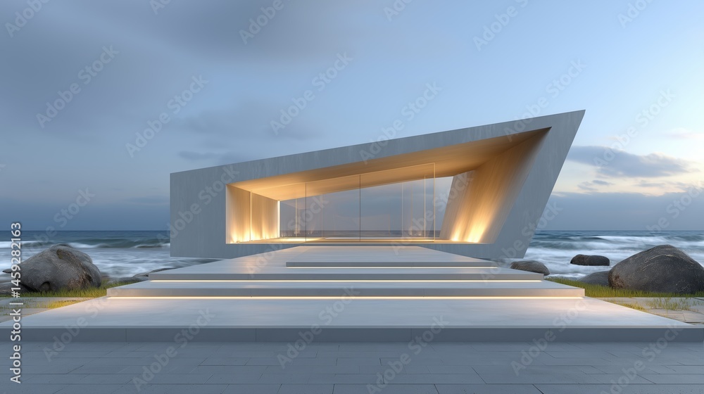 Poster 3D rendered modern architecture building with expansive seaside windows, minimalist design concept for banners or presentations. Sleek geometric structure with glass facade reflecting ocean views, cle