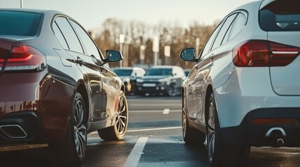 Fototapeta premium A two-car accident in a parking lot, with one car slightly dented and the drivers exchanging insurance details while waiting for authorities