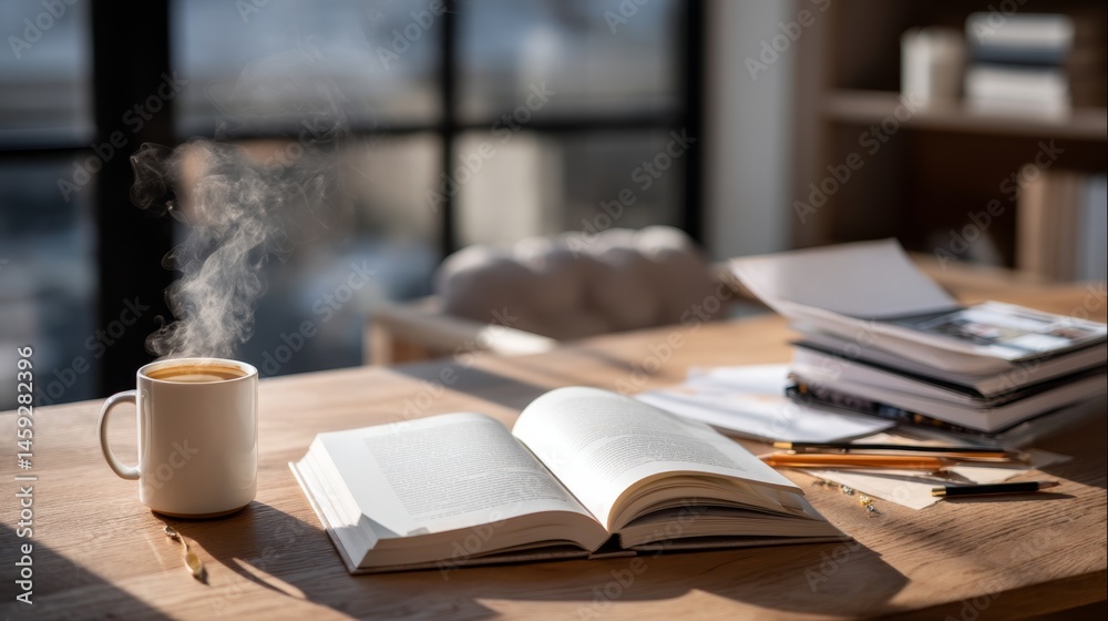Poster steaming mug of tea sits next to an open journal and scattered pencils on a sunlit wooden desk. this