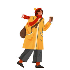 Woman walking in autumn season wear. Vector female