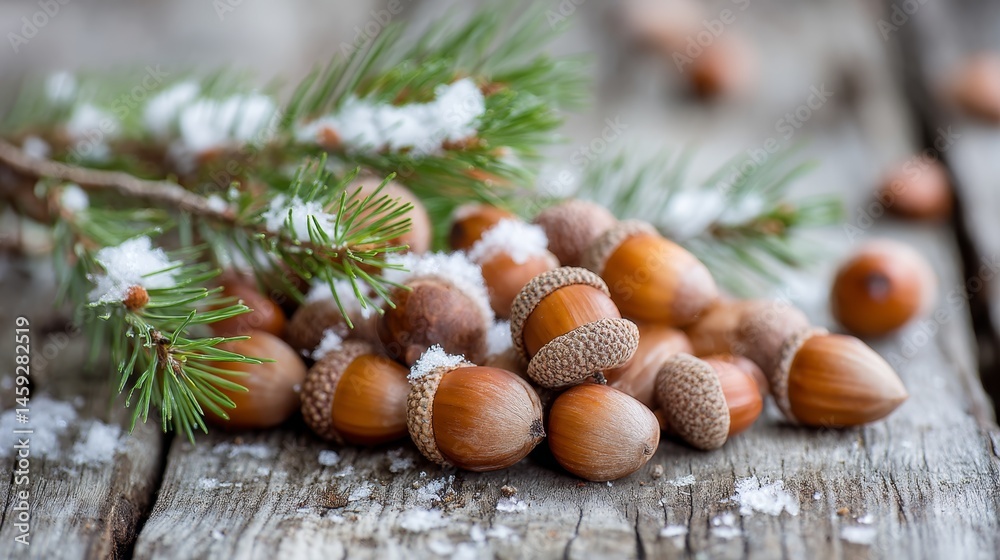 Poster Frosted acorns and pine needles dusted with snow rest on a rustic wooden plank, capturing the essence of winter's charm with a serene atmosphere