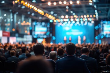 Focused audience at professional conference with blurred speakers on brightly lit stage, academic corporate event atmosphere.