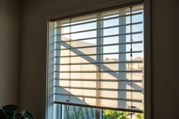 Convenient Motorized Window Coverings (Blinds/Shades) Adjusting via Smart Home Automation, Illustrating Modern, Partially Obscured Light Control