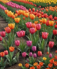 Vibrant tulips in a neat spring row, colorful blooms , nature, arrangement