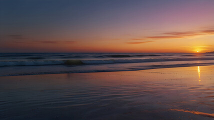A realistic beach at sunset with a clear sky