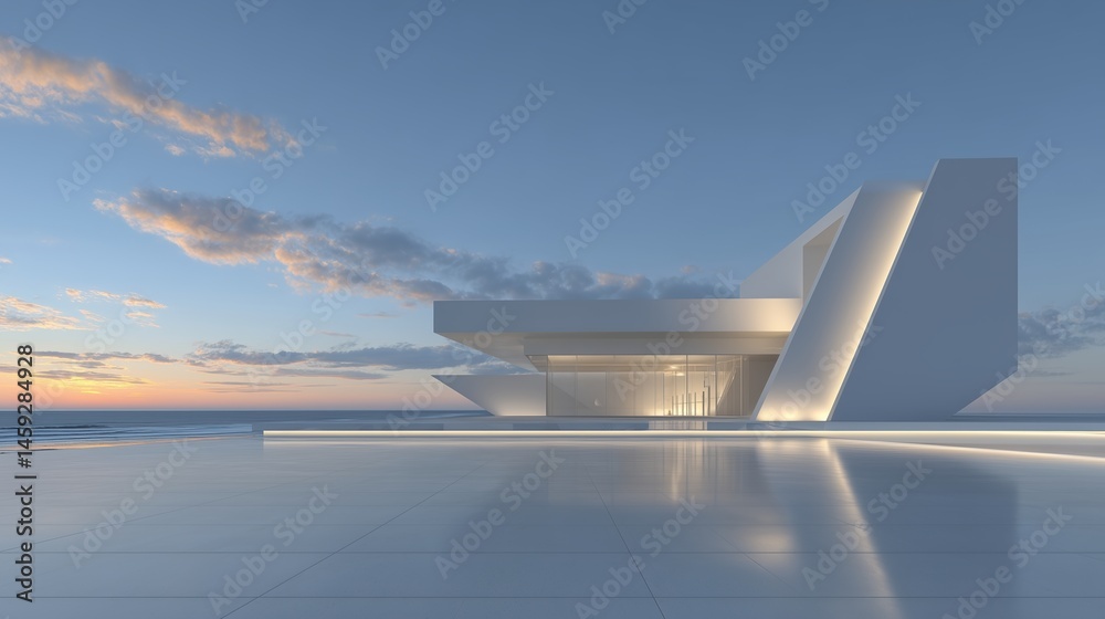Leinwandbilder 3D rendered modern architecture building with expansive seaside windows, minimalist design concept for banners or presentations. Sleek geometric structure with glass facade reflecting ocean views, cle