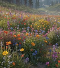 Fototapeta premium Lush meadow ablaze with colorful wildflowers, closeup, scene, photography, flora